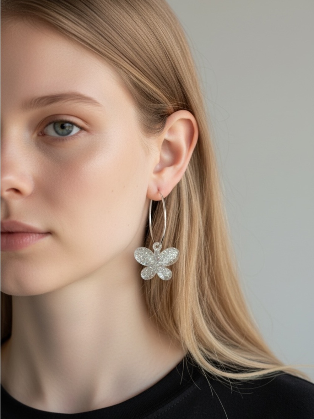 9/30 Silver Glitter Butterfly Hoop Earrings - 1 Pair
